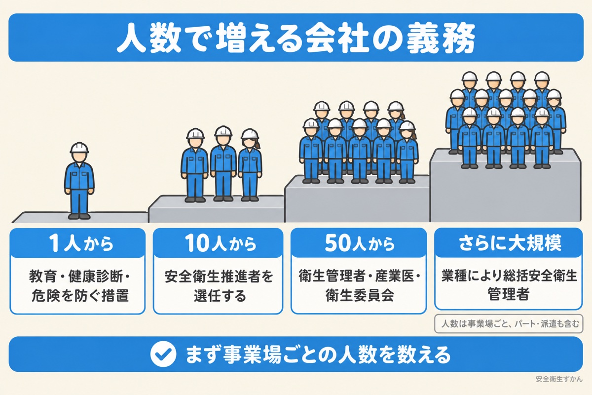 労働安全衛生法で事業場の人数が1人・10人・50人と増えるほど義務が増えることを階段で示した図