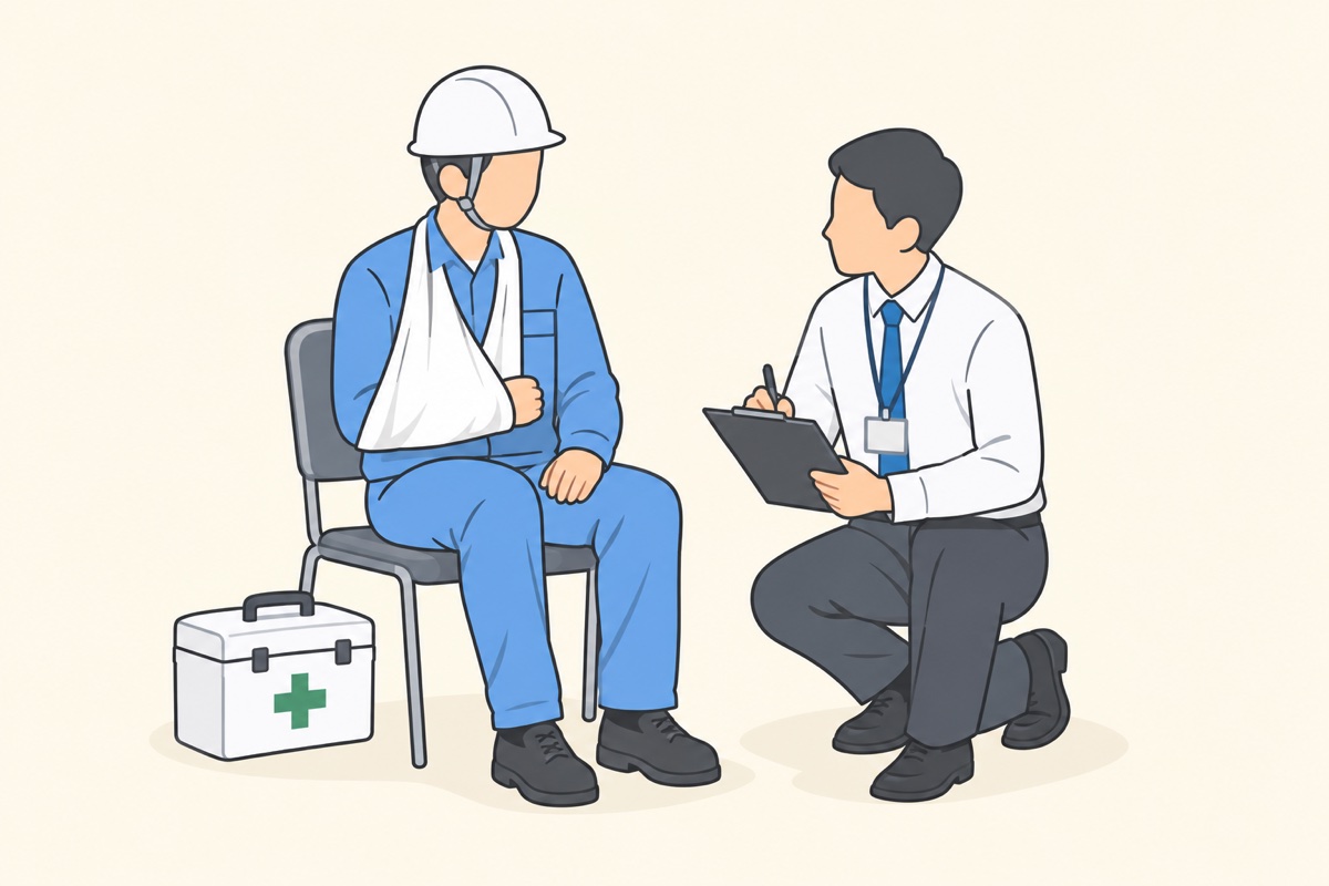 けがをした作業者と、手続きを手伝う担当者